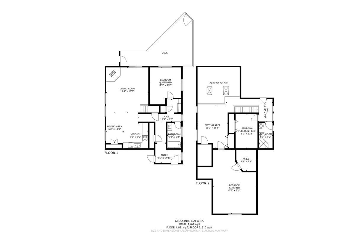 A spacious living area that flows into a deck, kitchen, and visible bedrooms. The scene is set for family gatherings, cooking together, relaxing indoors, or stepping out onto the deck to enjoy nature and sunset views. The open layout accommodates group activities and highlights shared spaces.